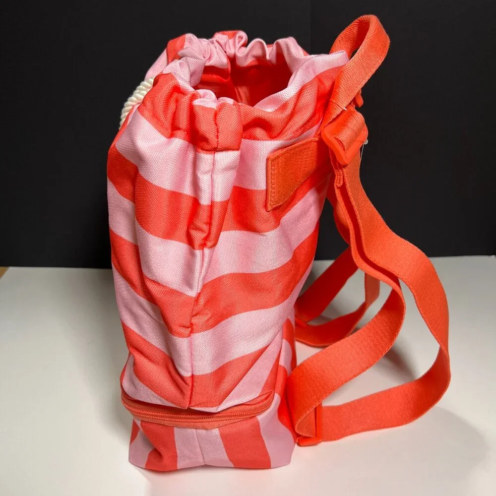 Victoria Secret Backpack Cooler Pocket Beach Bag Logo Drawstring Stripped Pink - Picture 7 of 14